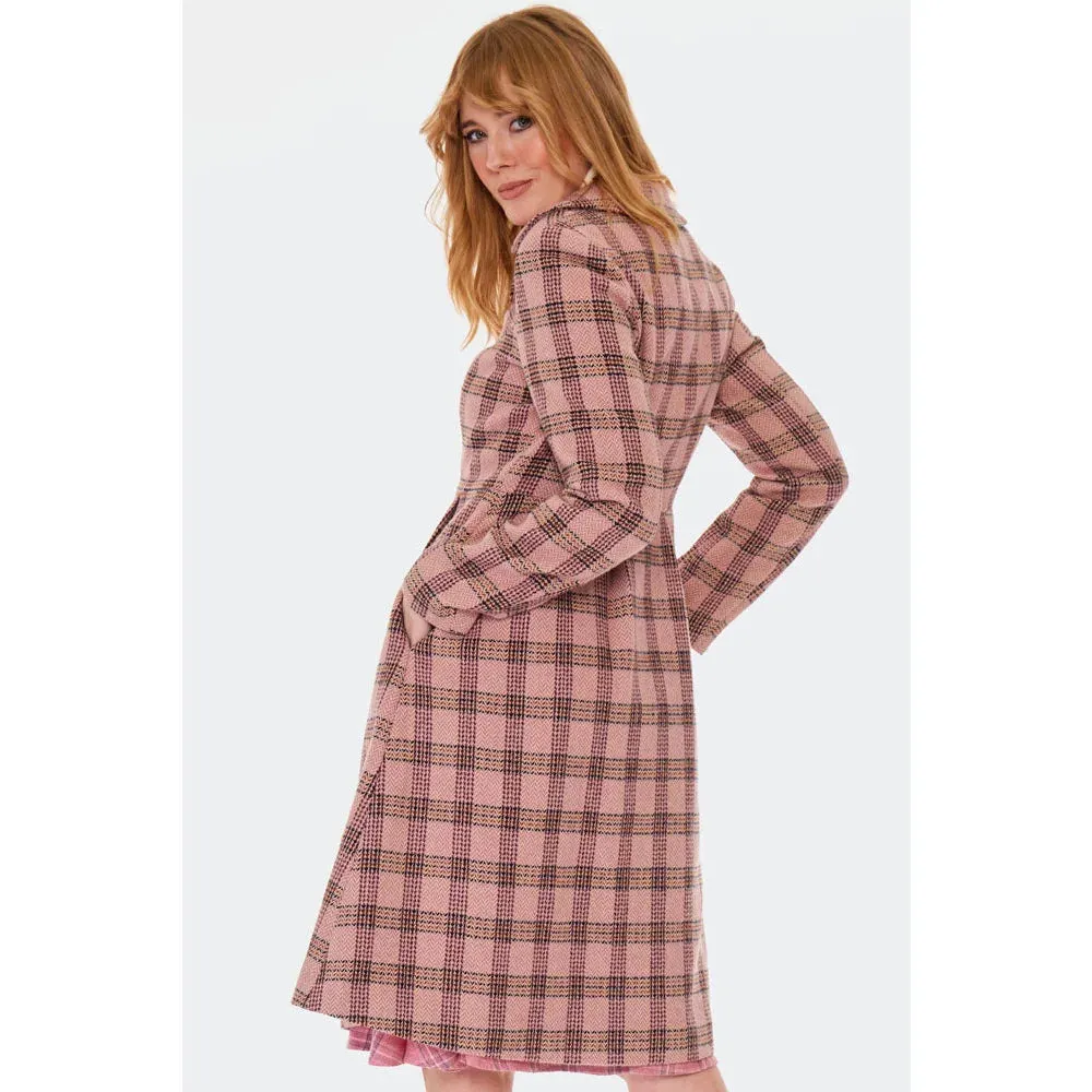 1960s Inspired Poly Wool Pink Check Print Winter Coat