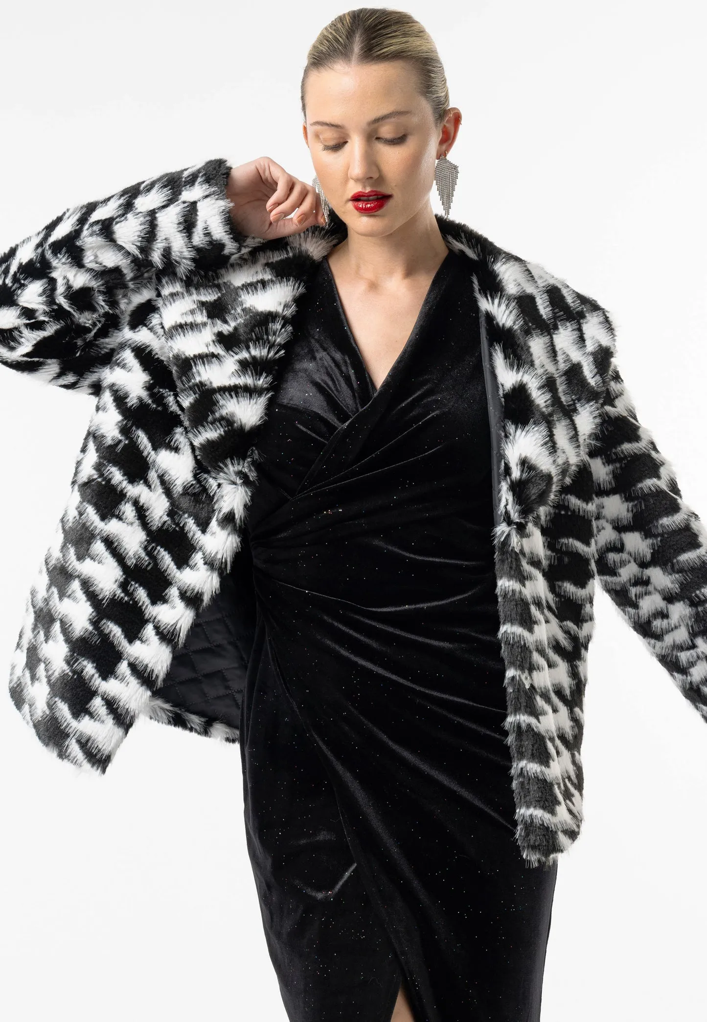 Angeleye Houndstooth Faux Fur Coat