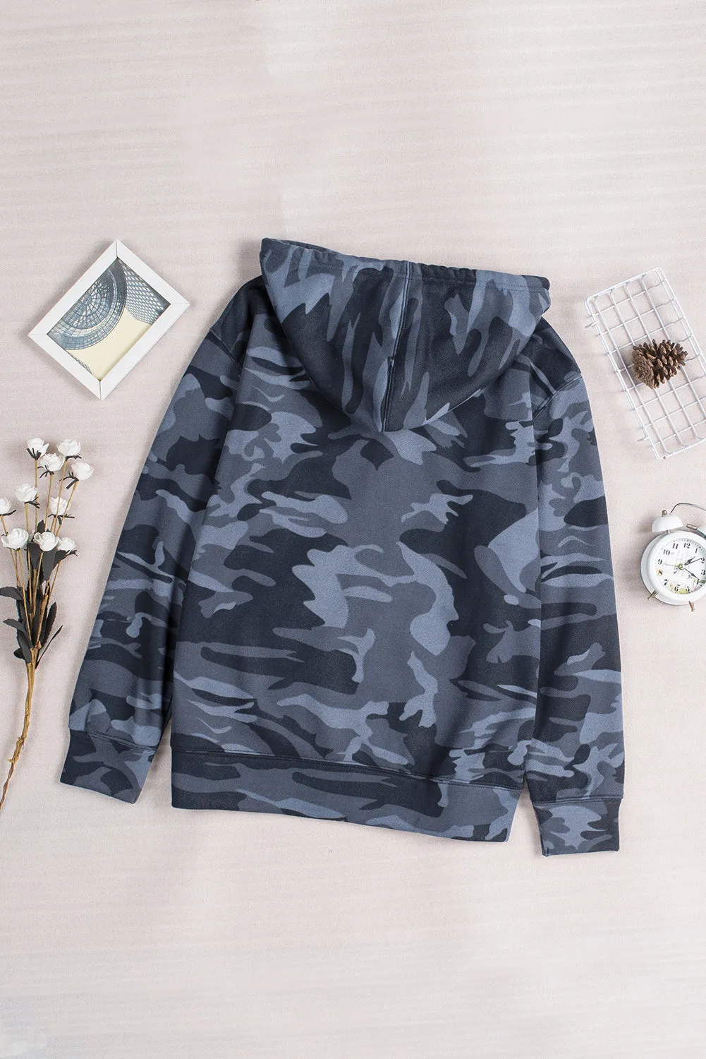 Black Camo Print Zip-Up Hooded Coat With Pockets