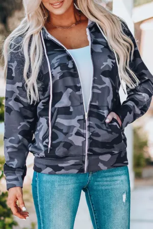 Black Camo Print Zip-Up Hooded Coat With Pockets