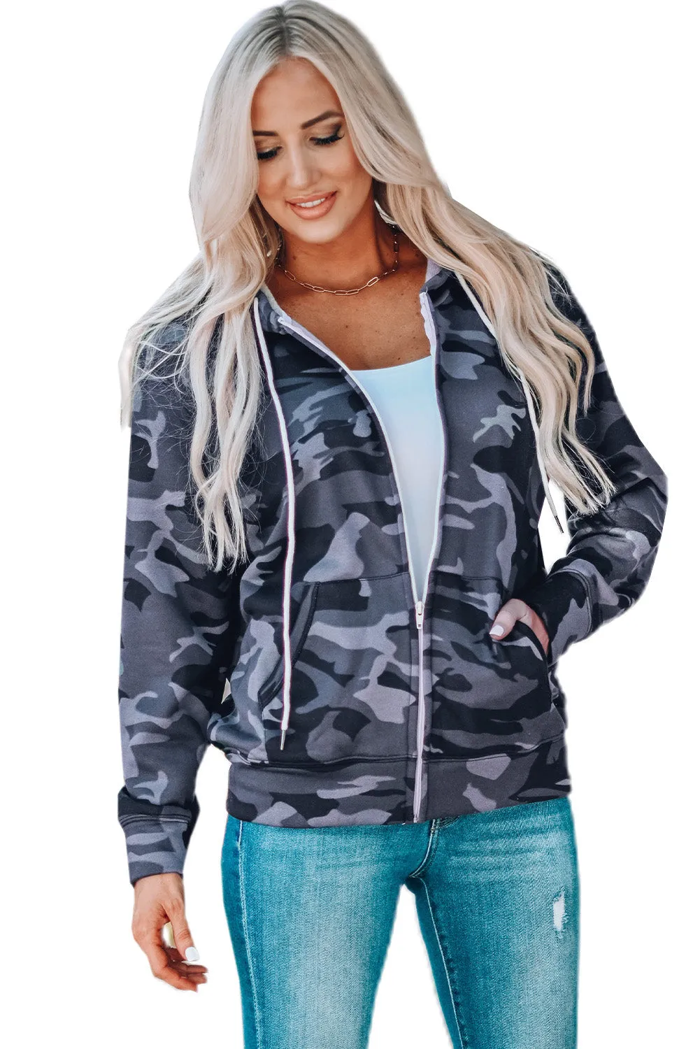 Black Camo Print Zip-Up Hooded Coat With Pockets