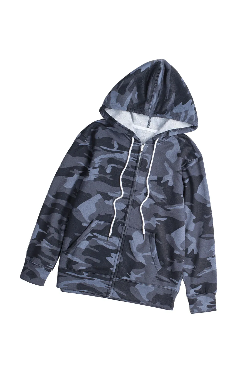 Black Camo Print Zip-Up Hooded Coat With Pockets