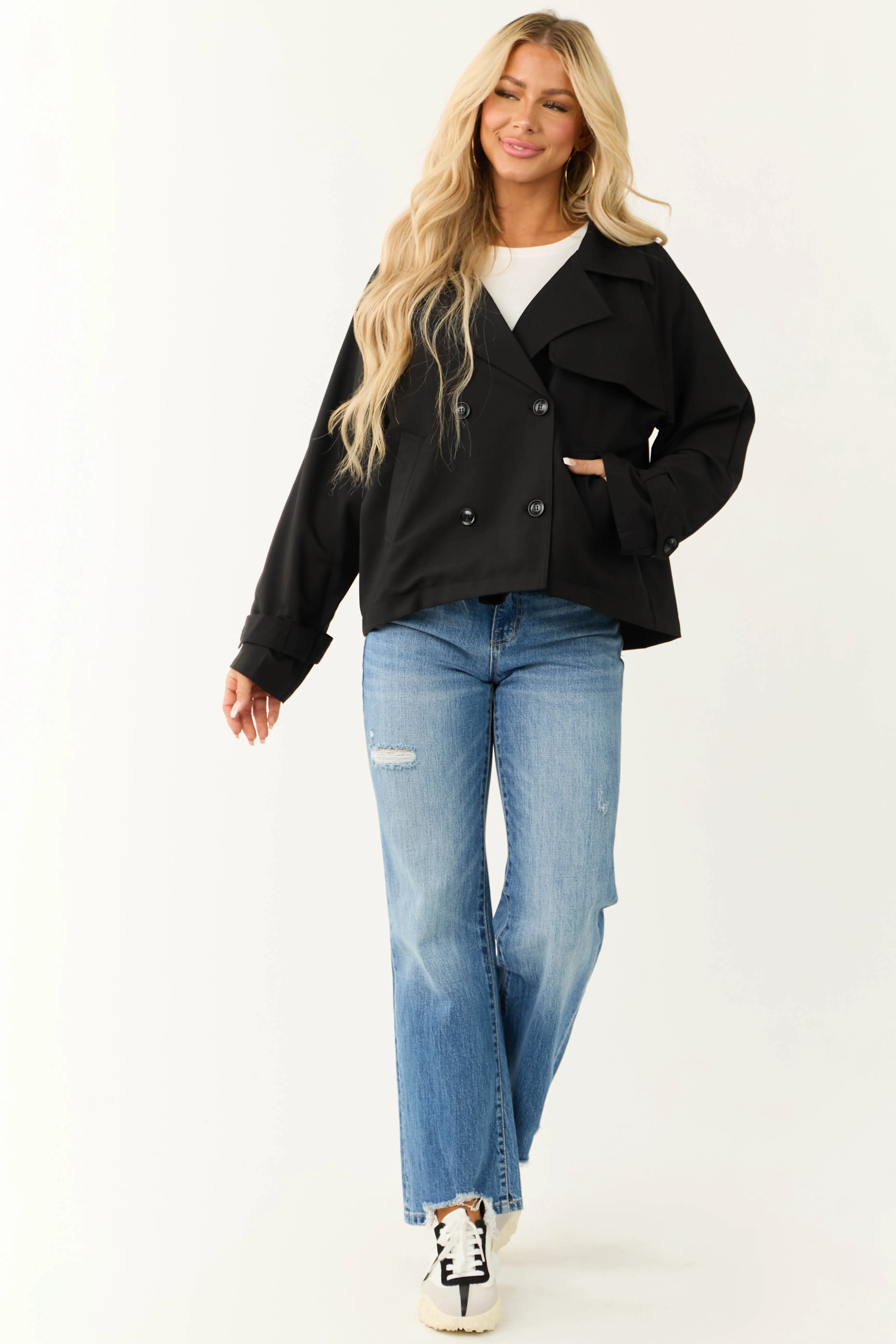 Black Double Button Long Sleeve Collared Jacket