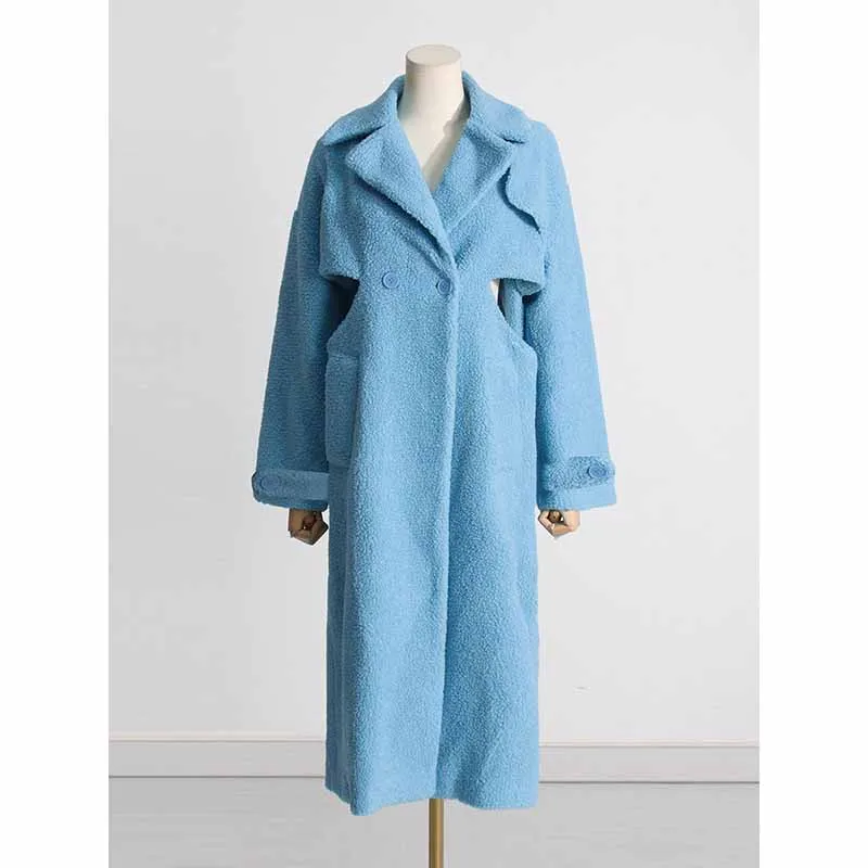 Blue Hollowed and twisted waist slender long warm coat for women