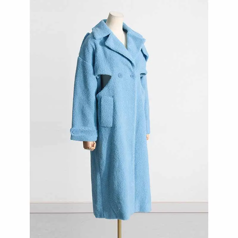 Blue Hollowed and twisted waist slender long warm coat for women