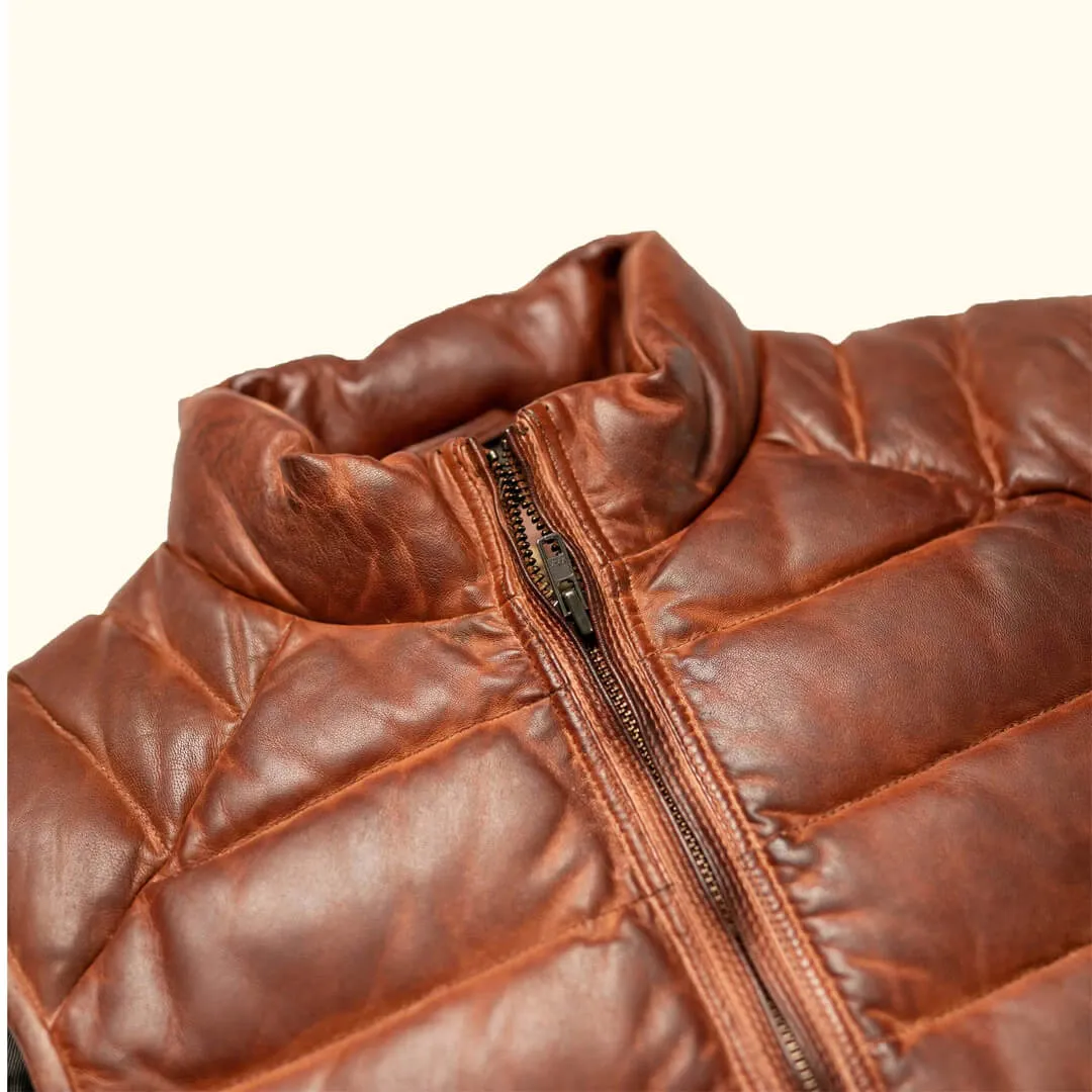 Brown Leather Down Puffer Vest