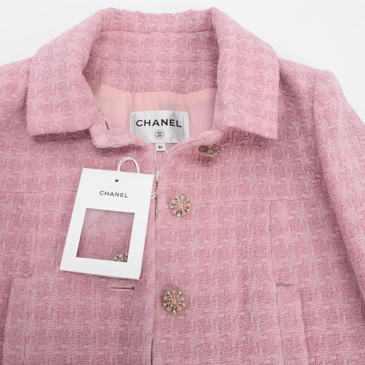 Chanel Pink Boucle Tweed Gripoix Button Coat FR 36