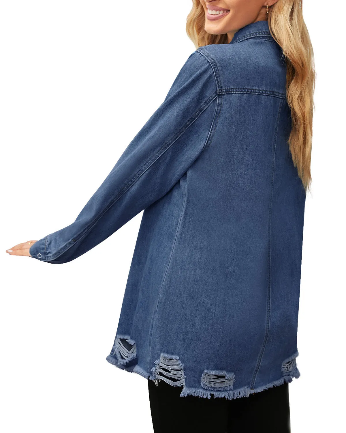 Dark Blue Frayed Hem Distressed Button-Down Denim Jacket