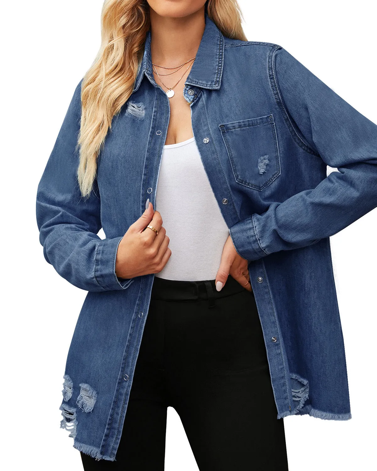 Dark Blue Frayed Hem Distressed Button-Down Denim Jacket