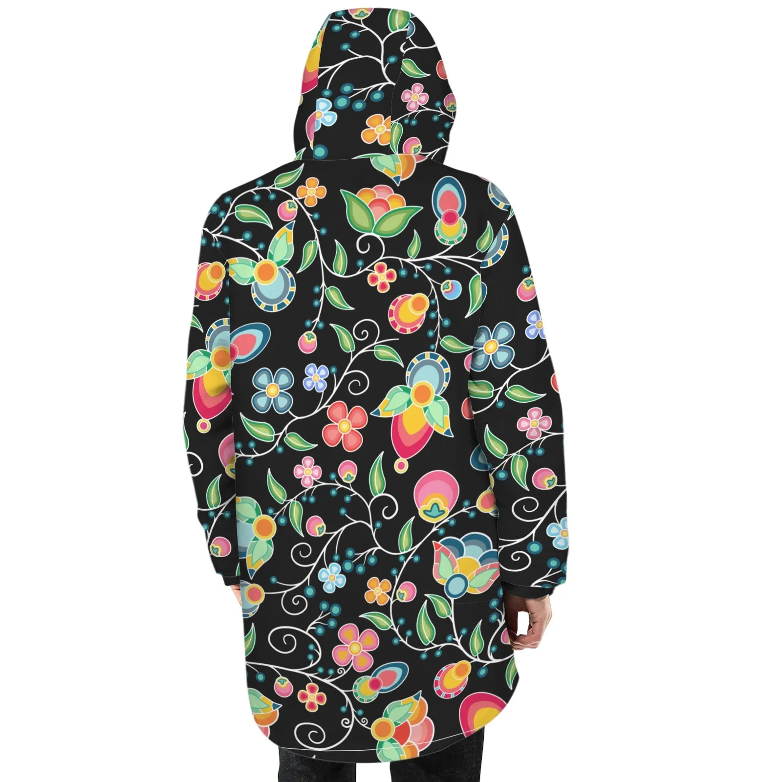 Floral Bounty Black Unisex Sherpa Lined Hooded Coat