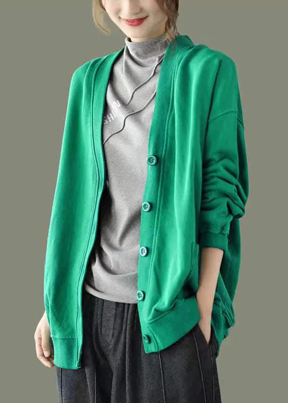 Green Button Pockets Patchwork Warm Fleece Sweatshirt Coat V Neck Long Sleeve