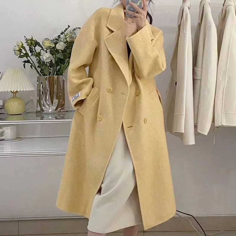 High Quality Wool Coats For Women Notched Double Breasted Belt Coats