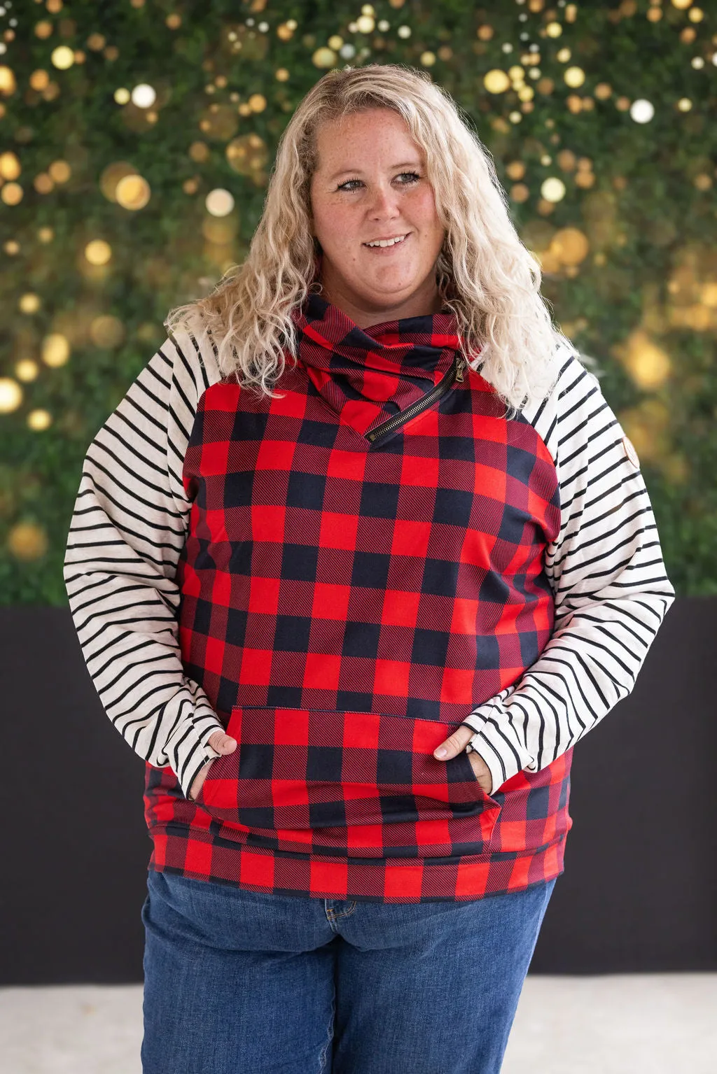 IN STOCK Zoey ZipCowl - Buffalo Plaid and Oatmeal Stripes