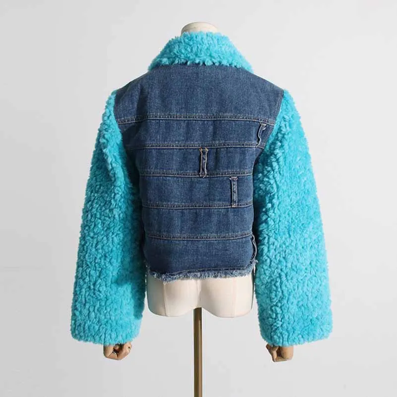 Lapel collar jacket faux fur sleeves jean coat for women