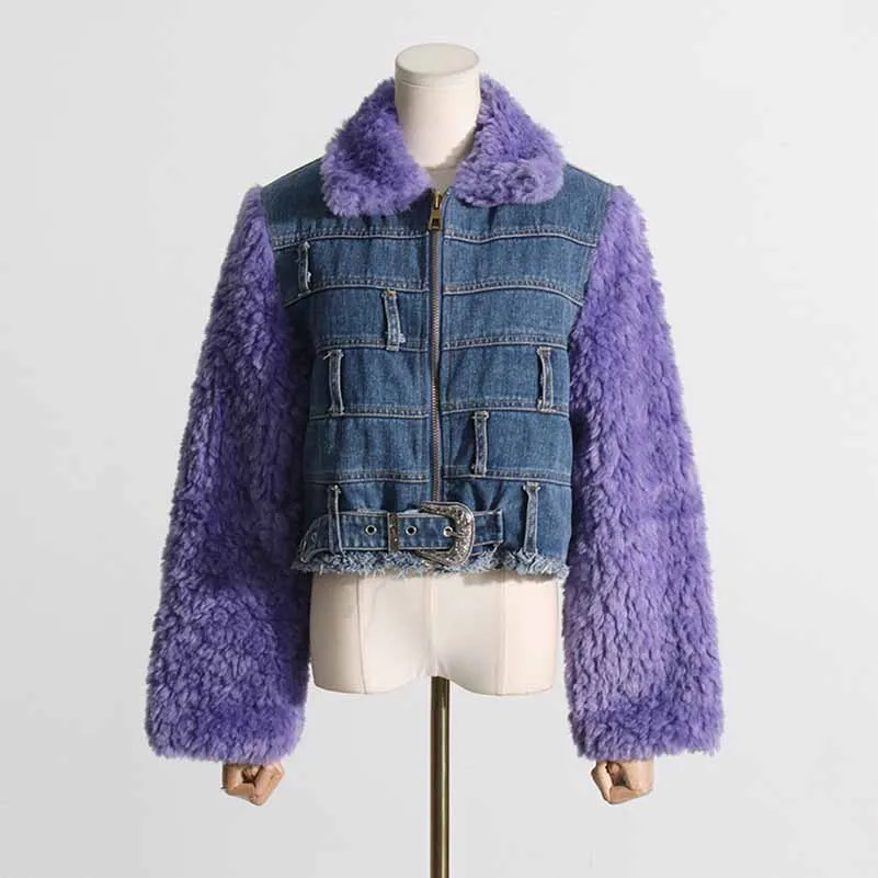 Lapel collar jacket faux fur sleeves jean coat for women