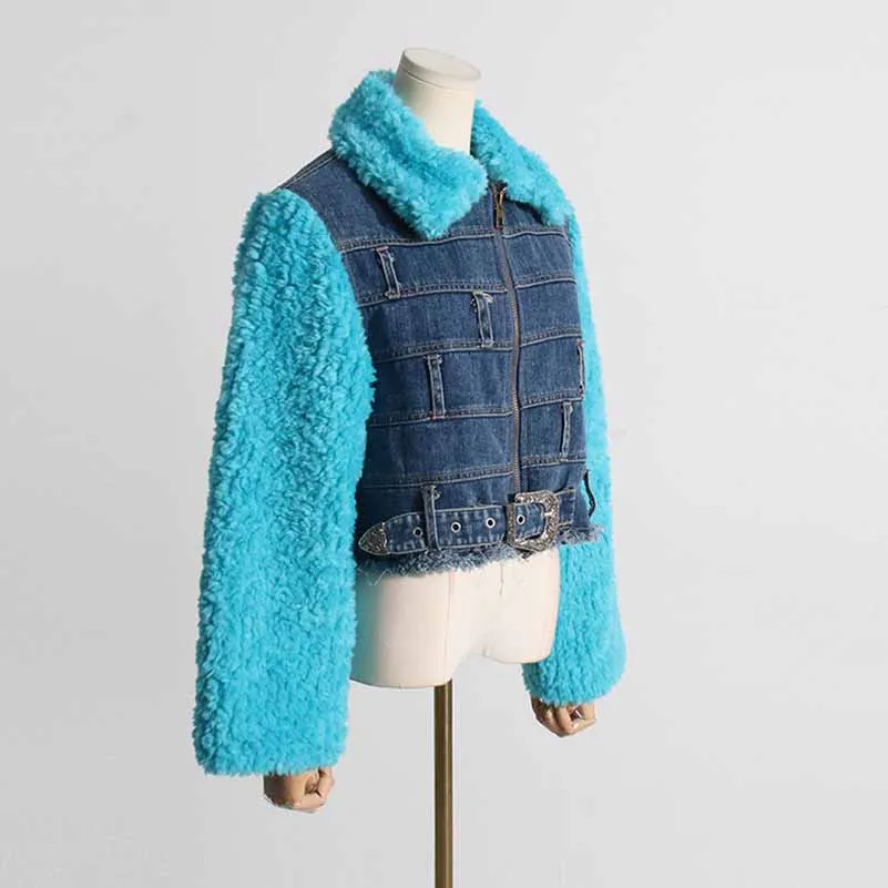 Lapel collar jacket faux fur sleeves jean coat for women