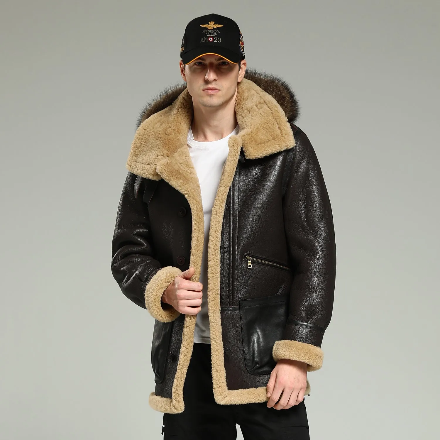 Men's Dark Brown Wool Fox fur B7 Bomber Jacket