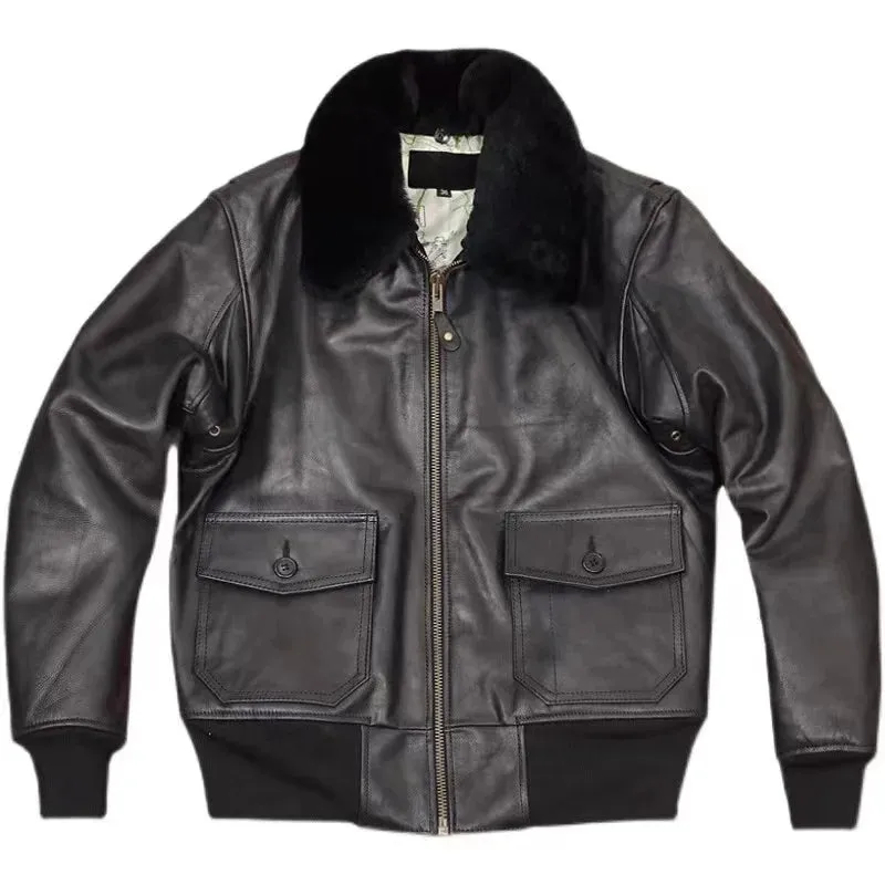 Men's Genuine Leather Jacket with Wool Collar - Military Style