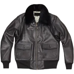 Men's Genuine Leather Jacket with Wool Collar - Military Style