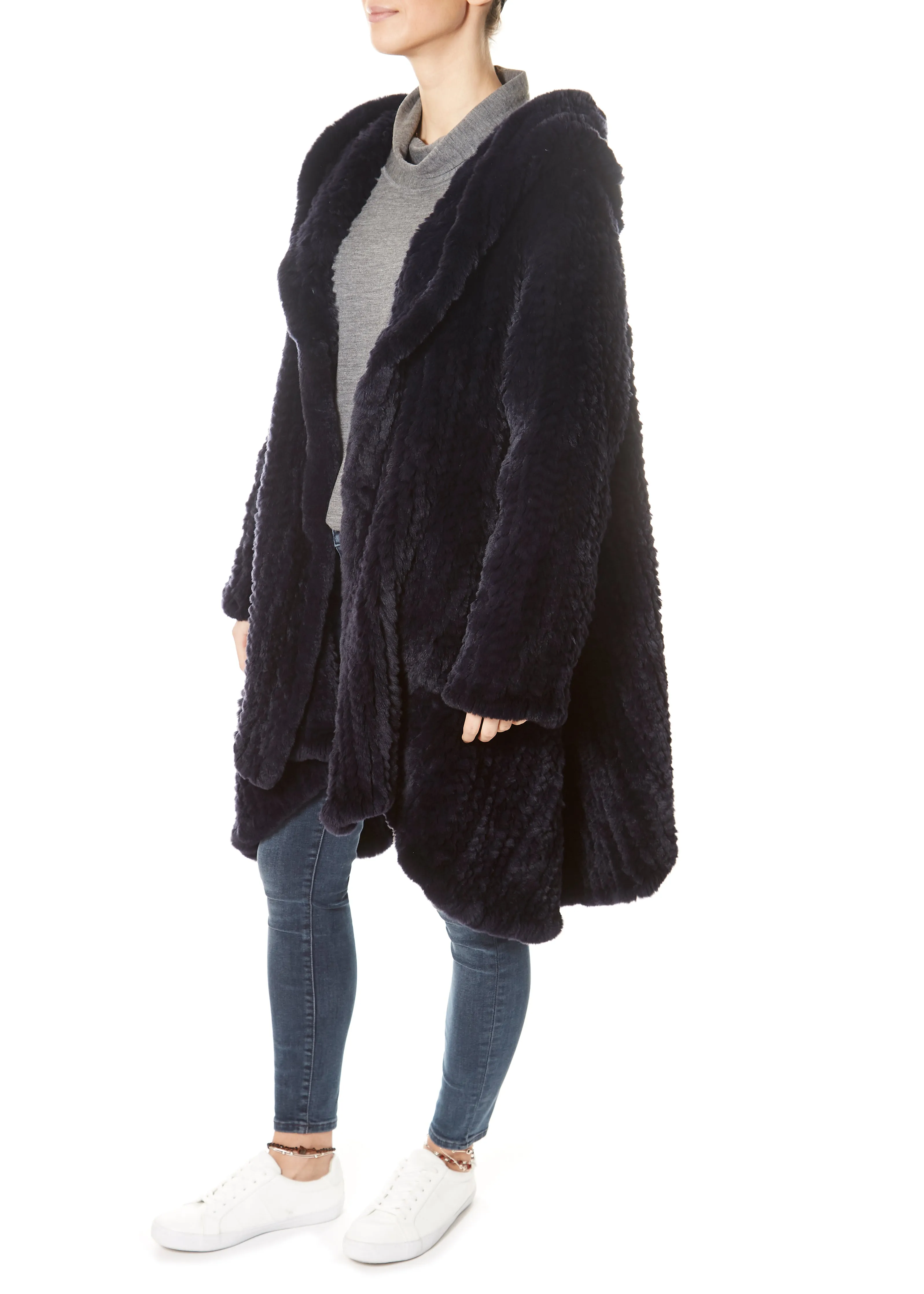 Navy Long Hooded Asymmetric Knitted Rex Rabbit Jacket