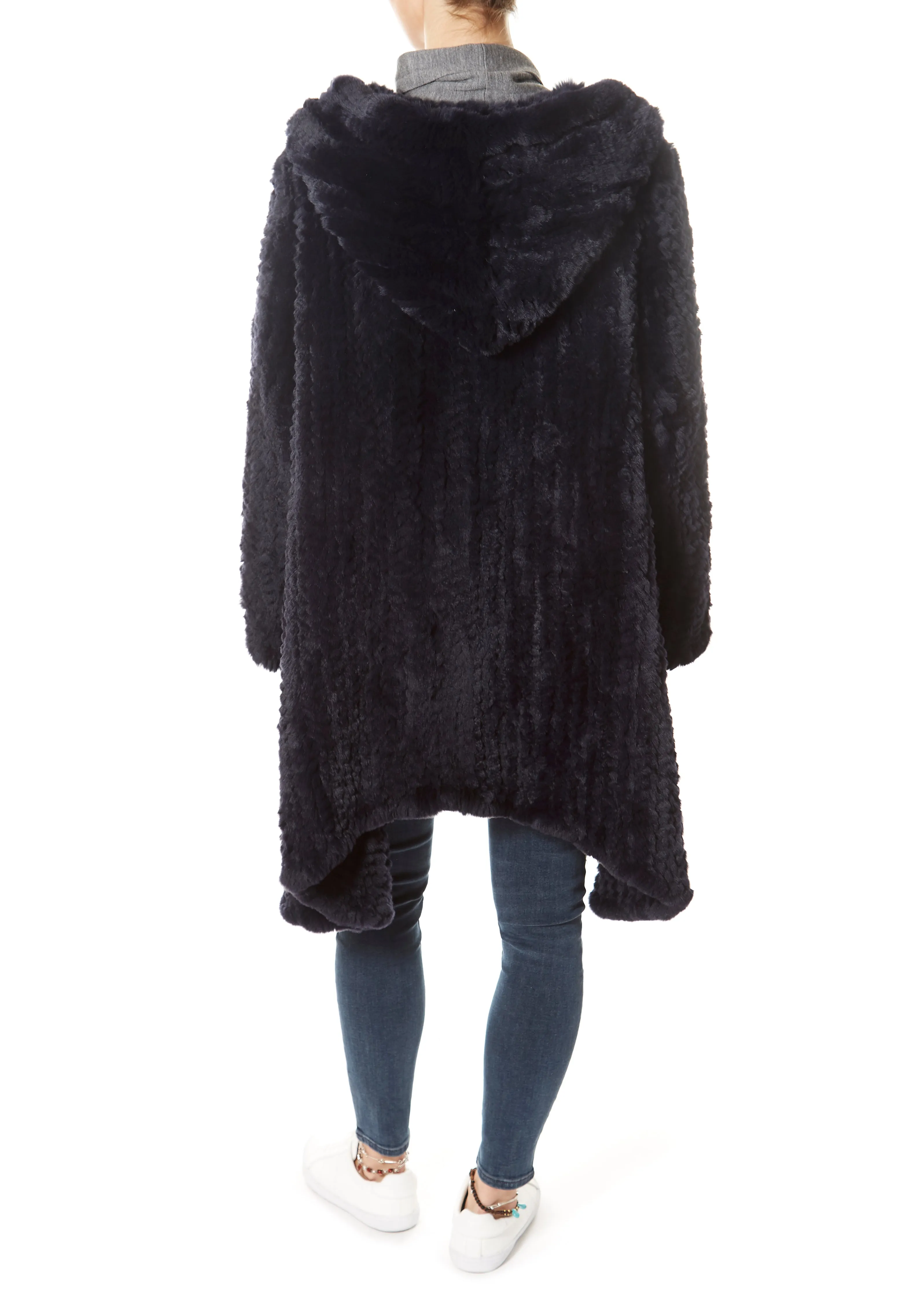 Navy Long Hooded Asymmetric Knitted Rex Rabbit Jacket