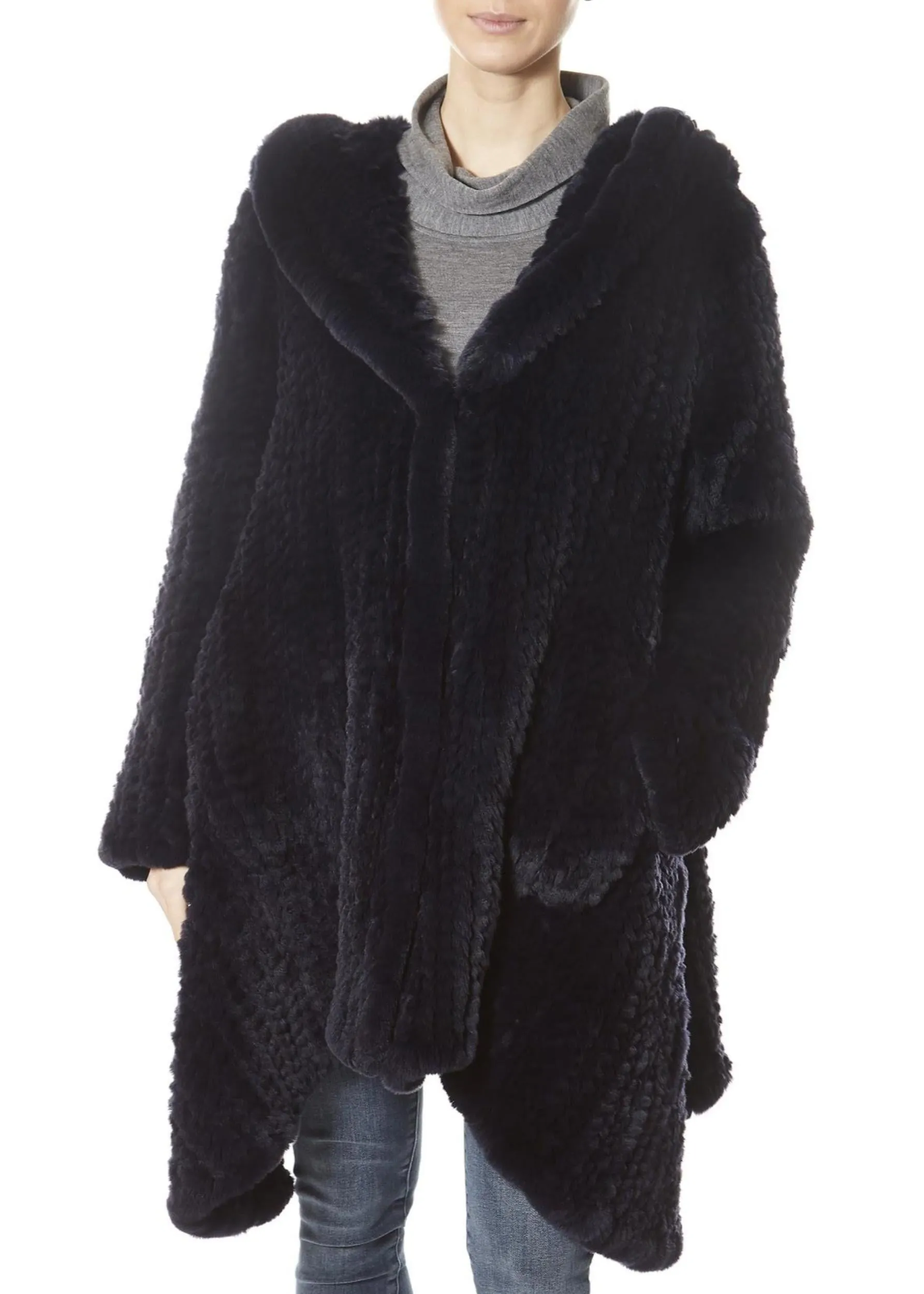 Navy Long Hooded Asymmetric Knitted Rex Rabbit Jacket