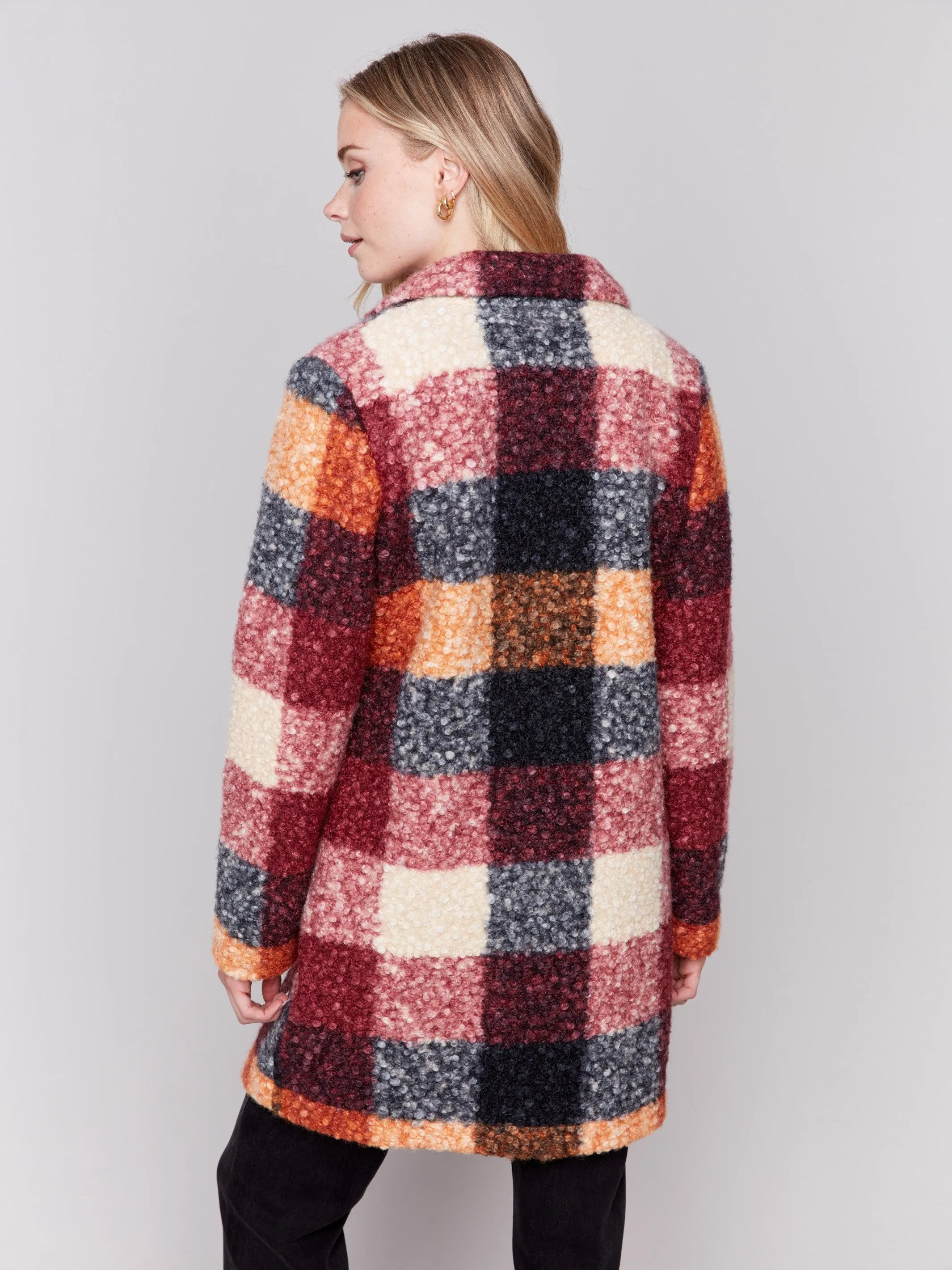 Plaid Bouclé Knit Coat - Cabernet