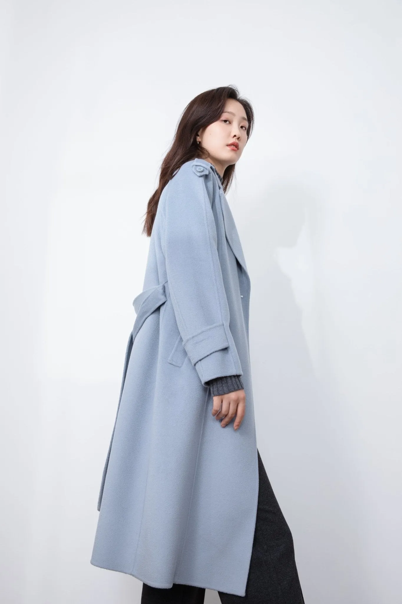 Shadow Blue Single-Breasted Wool Overcoats