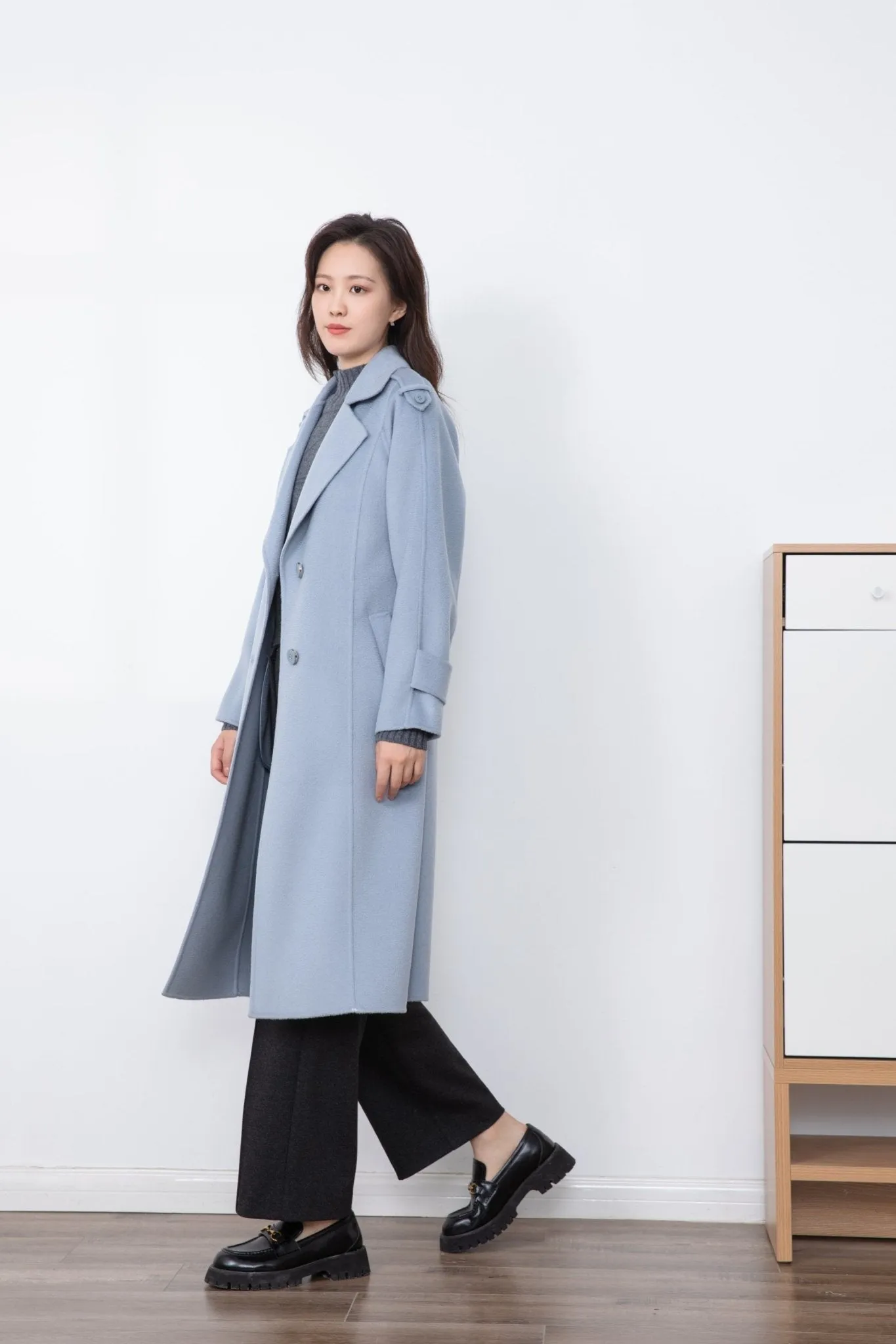 Shadow Blue Single-Breasted Wool Overcoats