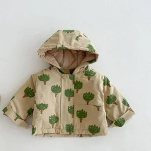 Tree-Print Hooded Winter Jacket