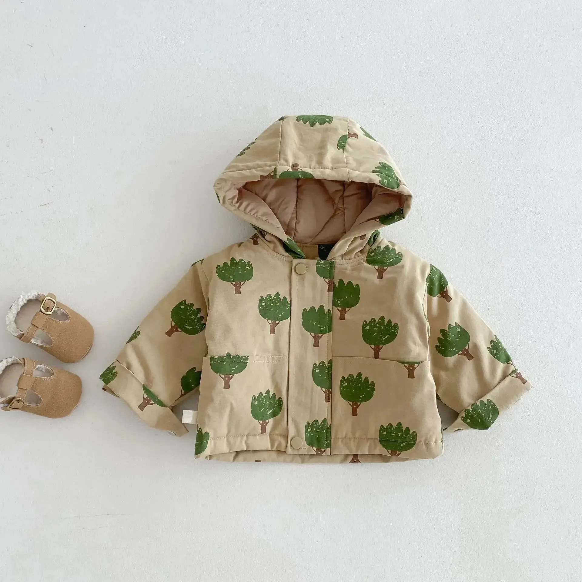 Tree-Print Hooded Winter Jacket