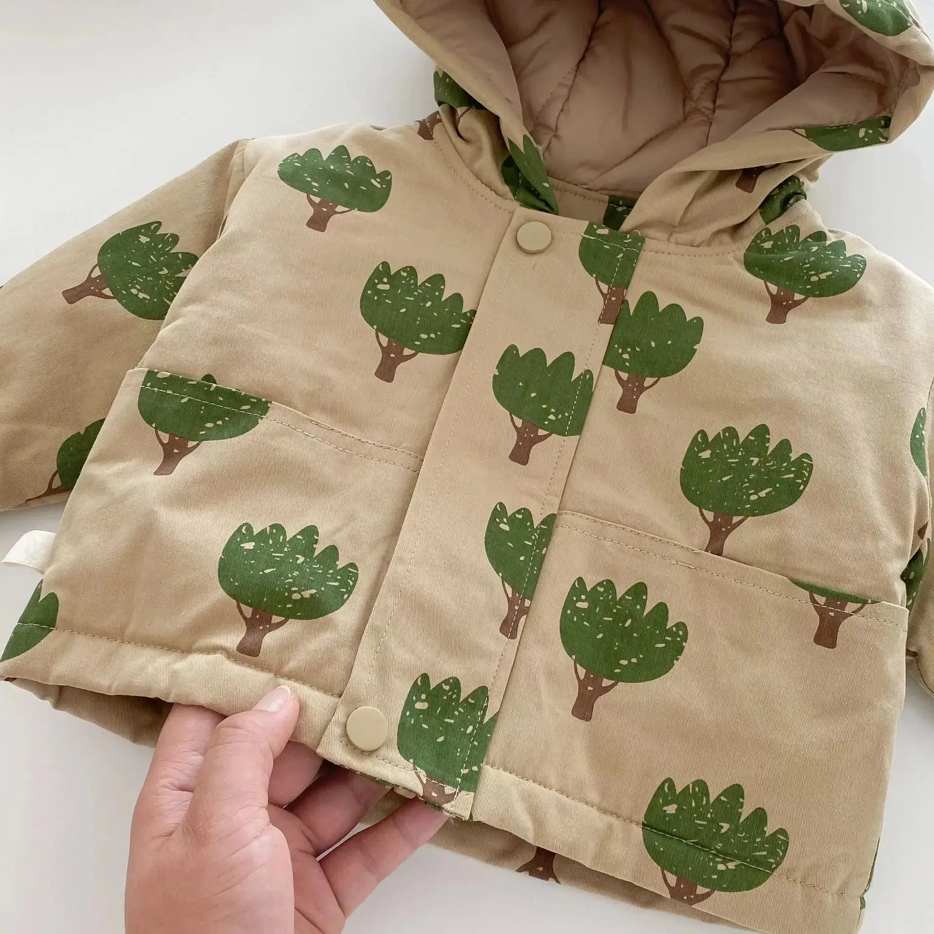 Tree-Print Hooded Winter Jacket