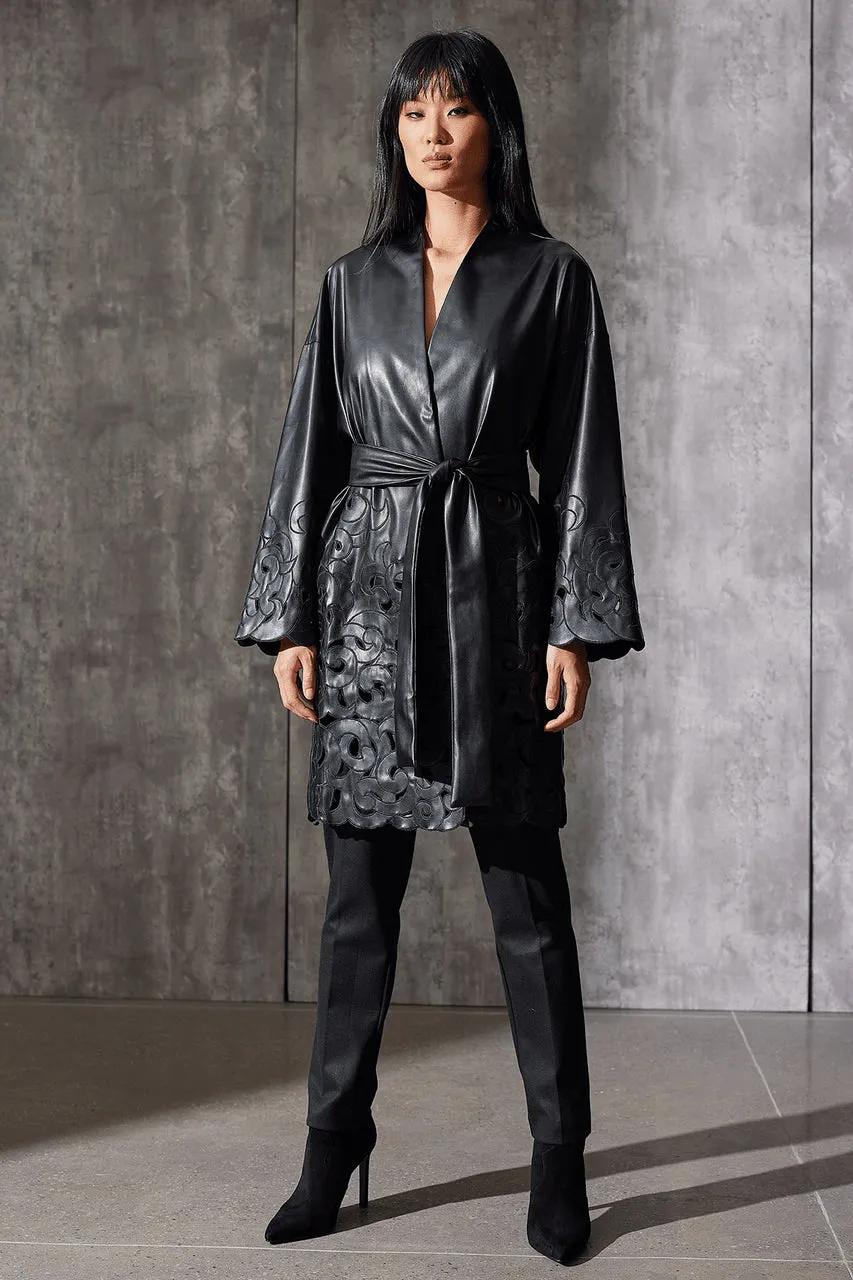 Vegan Luxe Lambskin Embroidered Scroll Coat