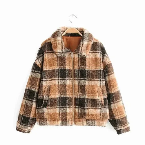 Vintage Plaid Jacket Women Thick Button Up Winter Coat