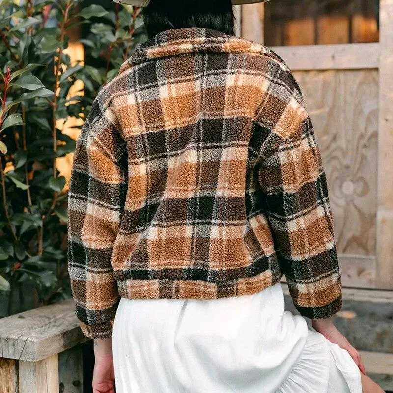 Vintage Plaid Jacket Women Thick Button Up Winter Coat