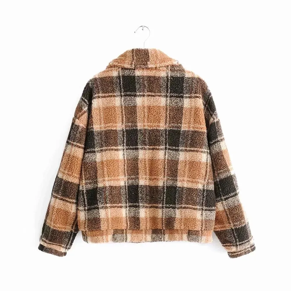 Vintage Plaid Jacket Women Thick Button Up Winter Coat