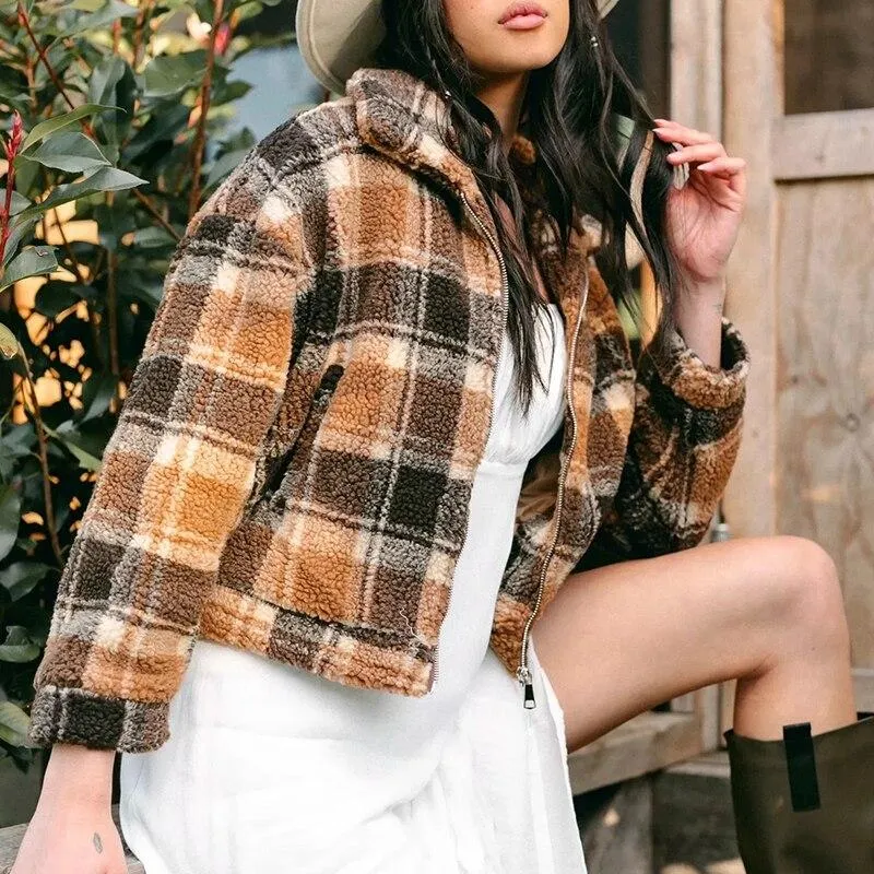 Vintage Plaid Jacket Women Thick Button Up Winter Coat