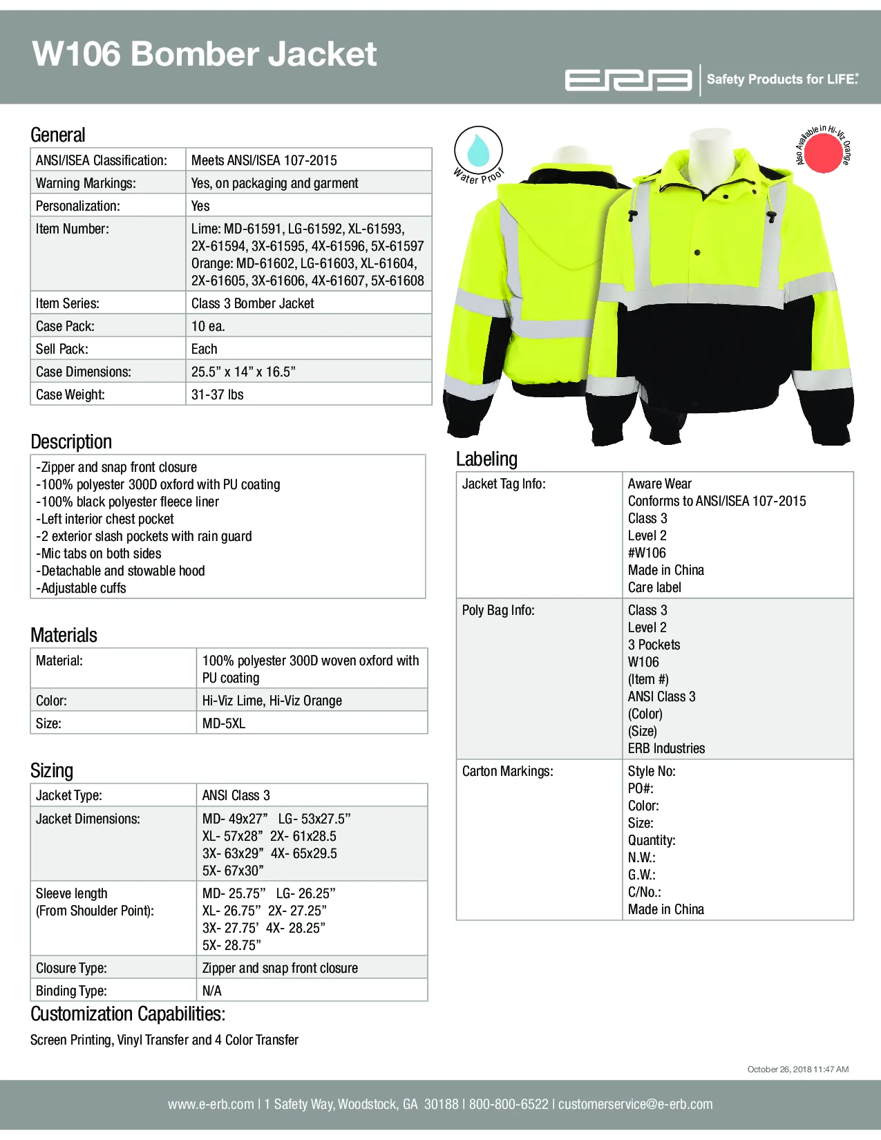 W106 Class 3 Bomber Jacket with Storm Flap and Hood