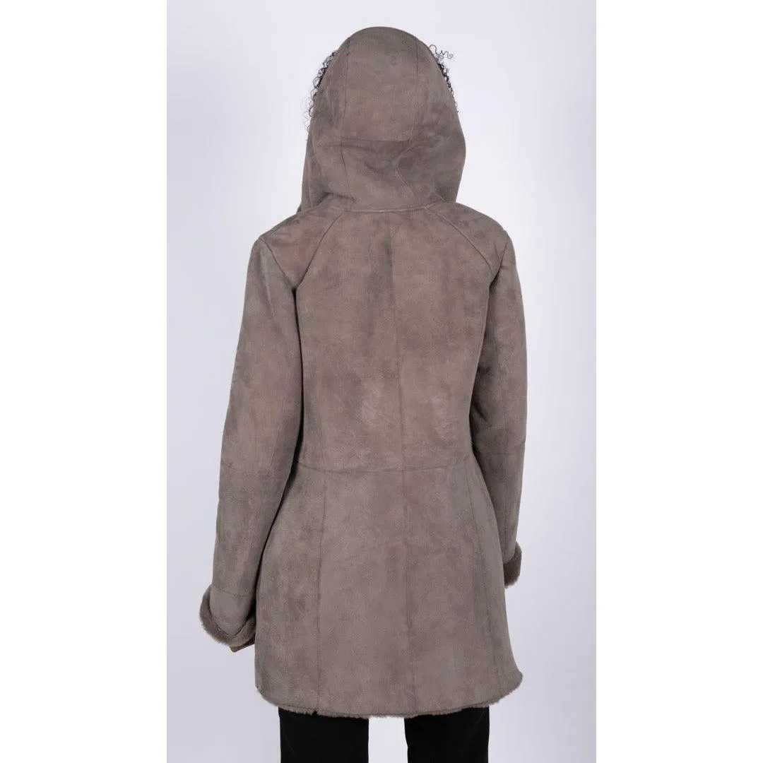 Womens 3/4 Mid Length Real Sheepskin Beige Vintage Toscana Suede Hood Coat