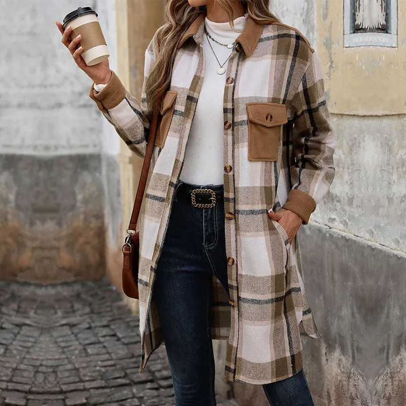 Womens Brushed Plaid Long Coat