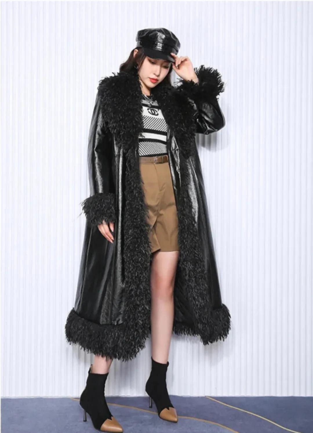 Women's Faux-Fur-Trim Faux-Leather Trench Coat