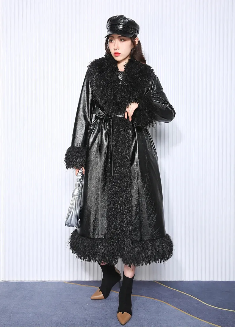 Women's Faux-Fur-Trim Faux-Leather Trench Coat