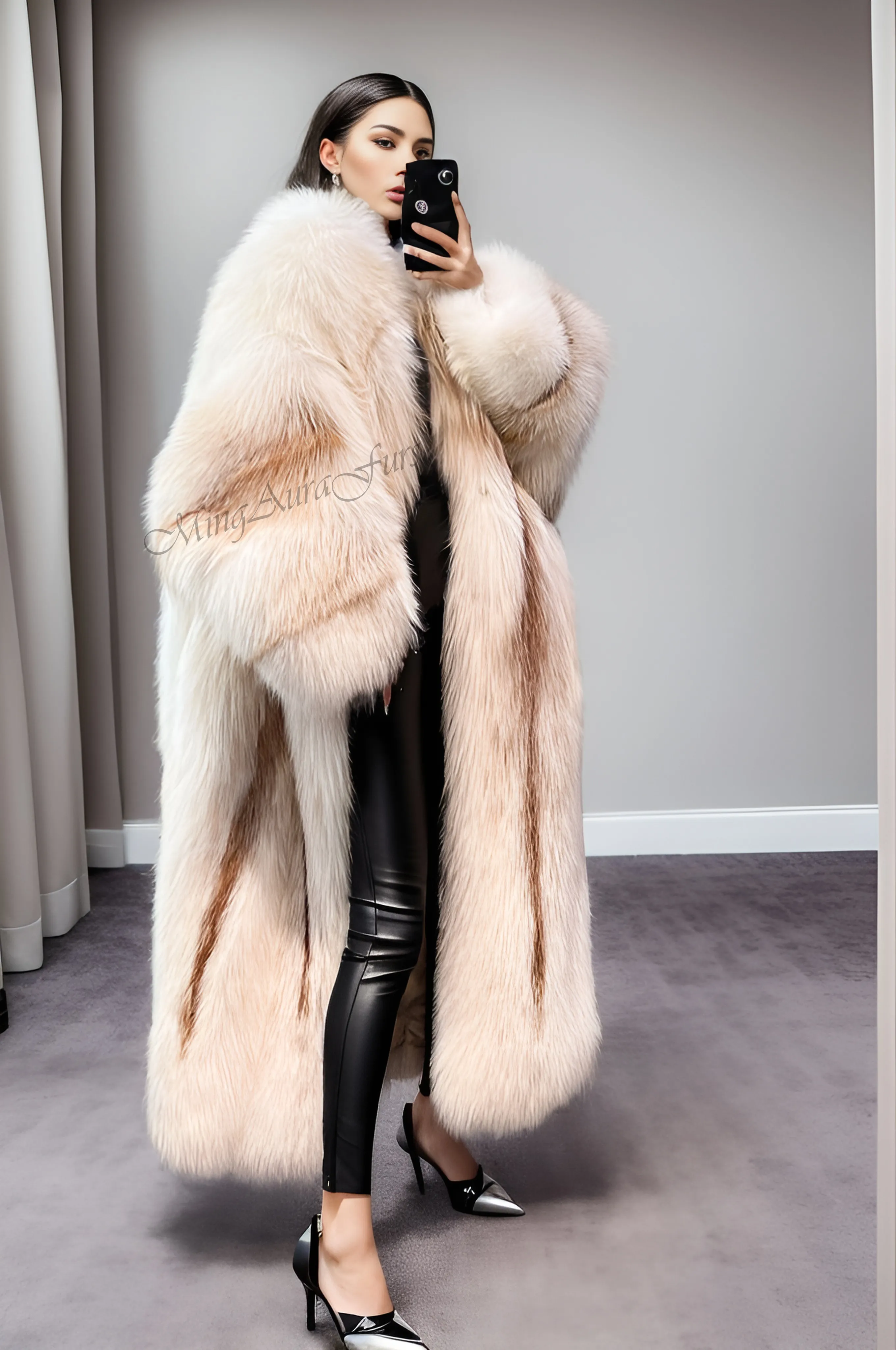 Women's Long Fox Fur Coat - Sun Gld Fox - G0033