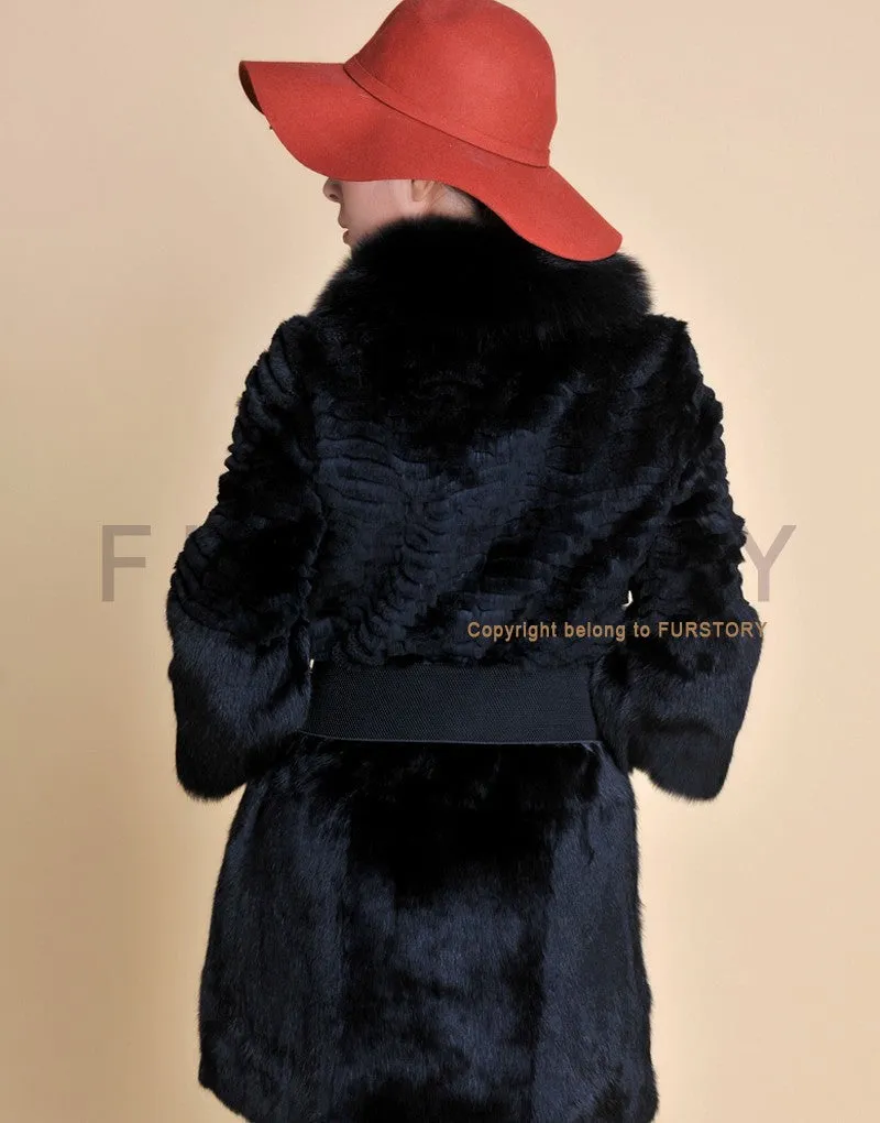 Women's  Real Rabbit Fur Coat Fox Fur Collar Jacket Overcoat winters Coat 13071