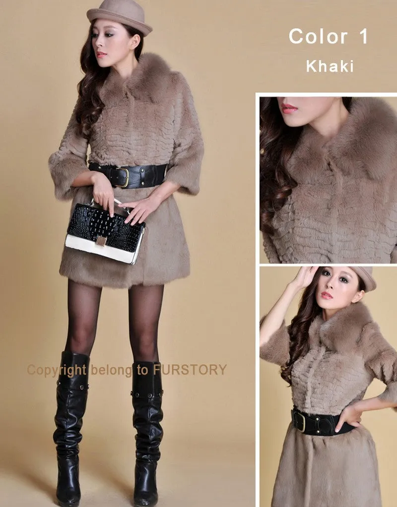 Women's  Real Rabbit Fur Coat Fox Fur Collar Jacket Overcoat winters Coat 13071