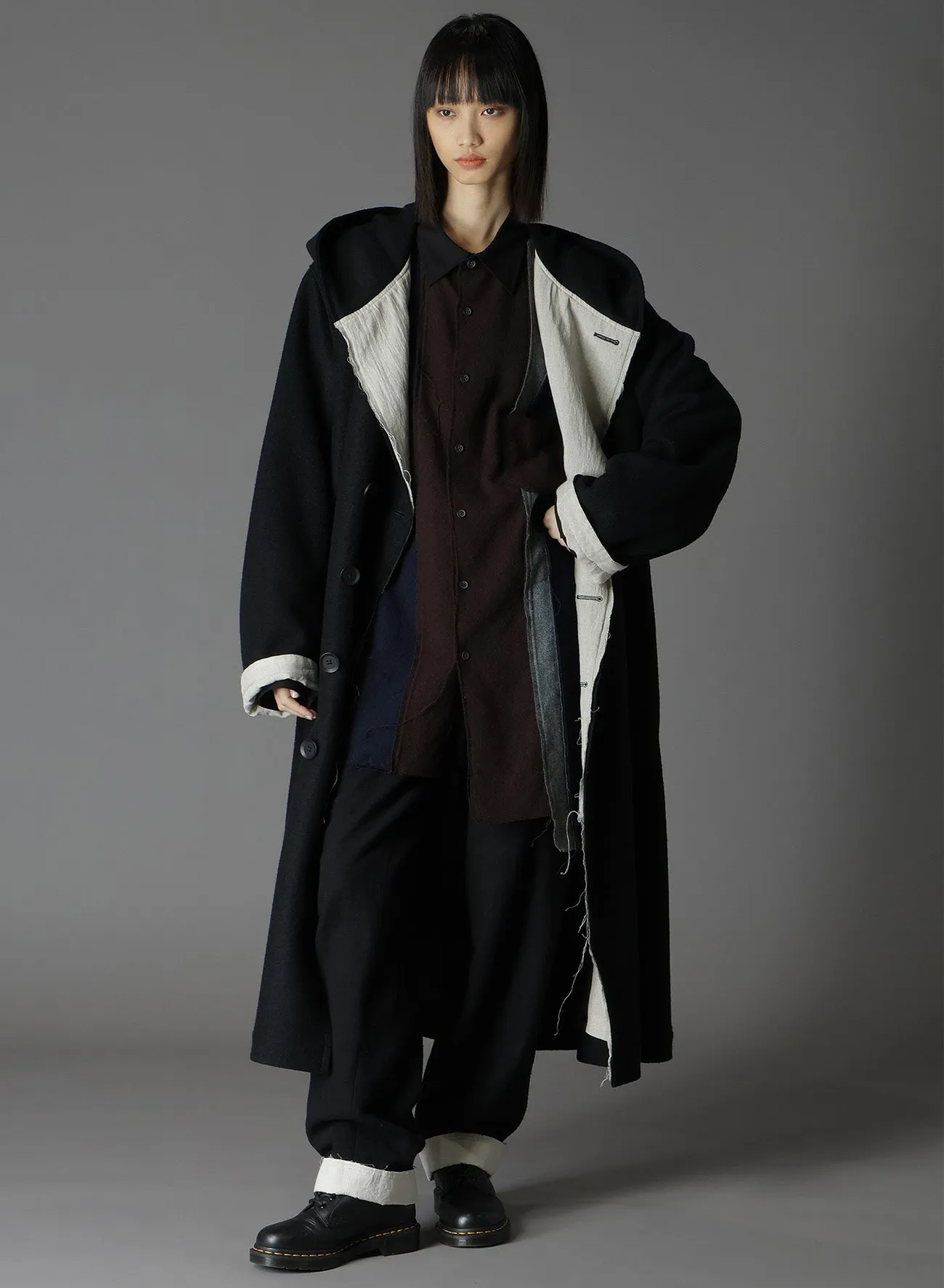 WOOL COMPRESSED BOUCLE TRUNCATED HOOD COAT