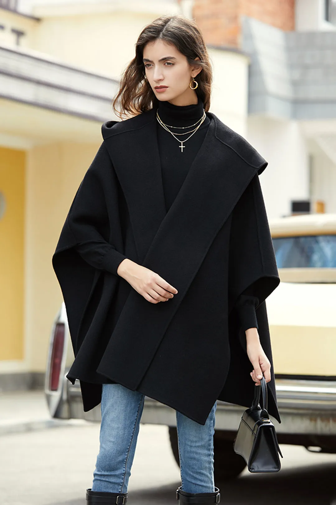 Woolen cloak coat | Hooded short coat | Street style short coat