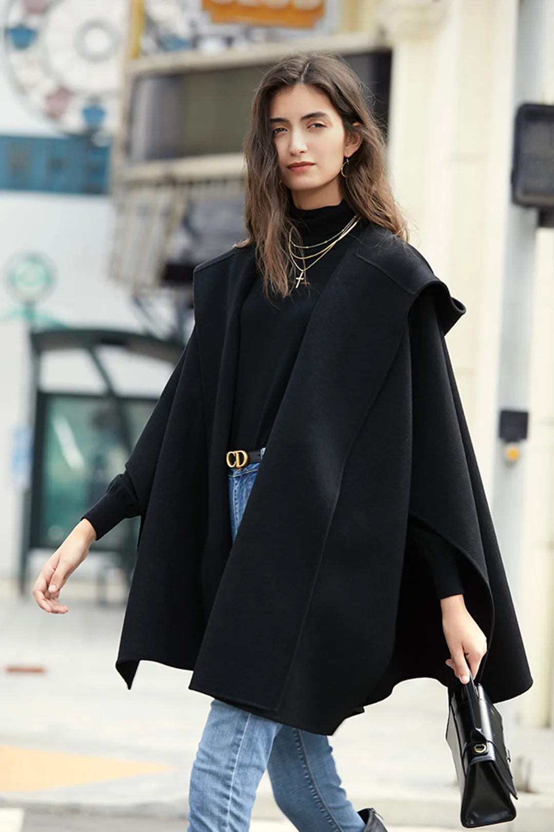 Woolen cloak coat | Hooded short coat | Street style short coat