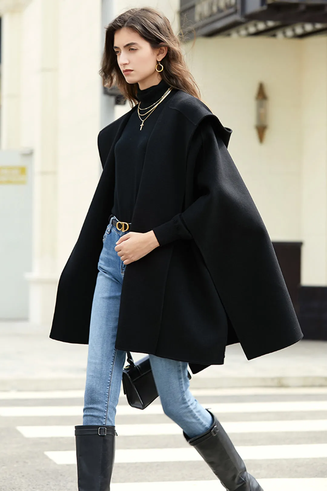 Woolen cloak coat | Hooded short coat | Street style short coat